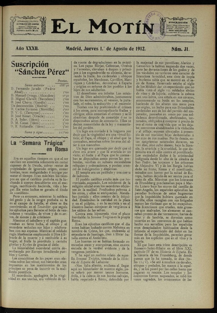 Miniatura de El Motín: periódico satírico semanal del 1 de Agosto de 1912