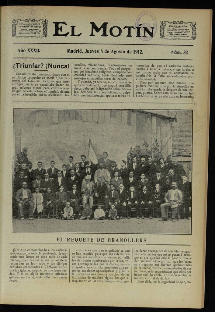Miniatura de El Motín: periódico satírico semanal del 8 de Agosto de 1912