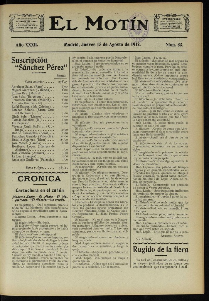 Miniatura de El Motín: periódico satírico semanal del 15 de Agosto de 1912