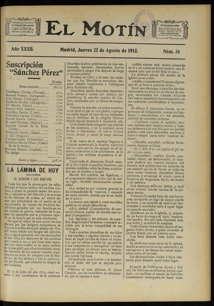 Miniatura de El Motín: periódico satírico semanal del 22 de Agosto de 1912