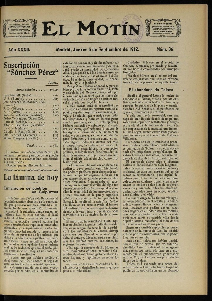 Miniatura de El Motín: periódico satírico semanal del 5 de Septiembre de 1912