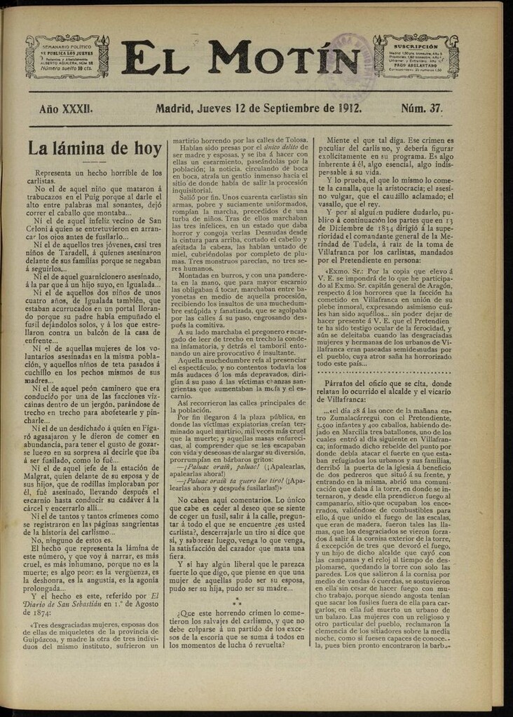 Miniatura de El Motín: periódico satírico semanal del 12 de Septiembre de 1912