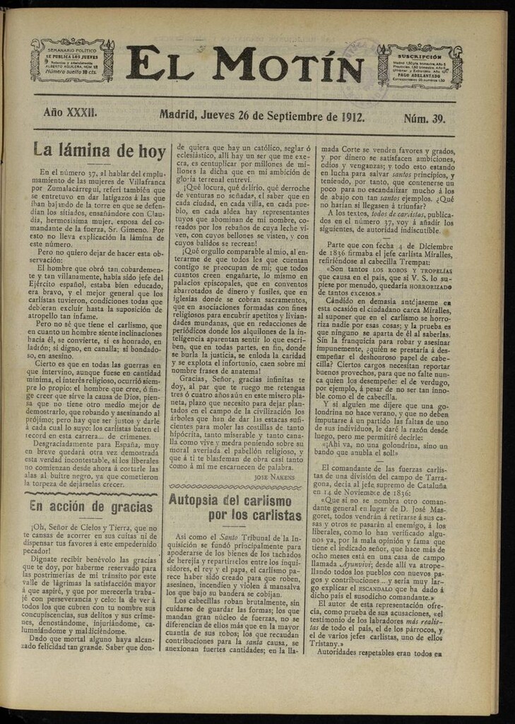 Miniatura de El Motín: periódico satírico semanal del 26 de Septiembre de 1912