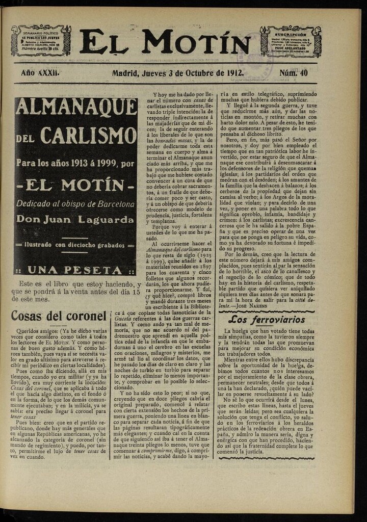 Miniatura de El Motín: periódico satírico semanal del 3 de Octubre de 1912