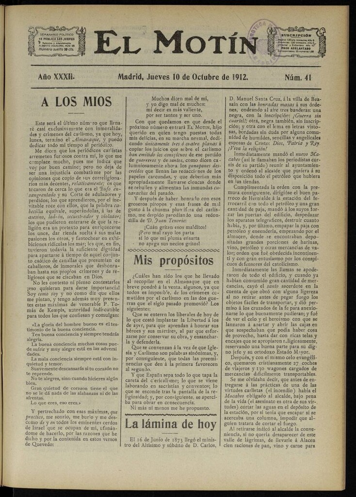 Miniatura de El Motín: periódico satírico semanal del 10 de Octubre de 1912