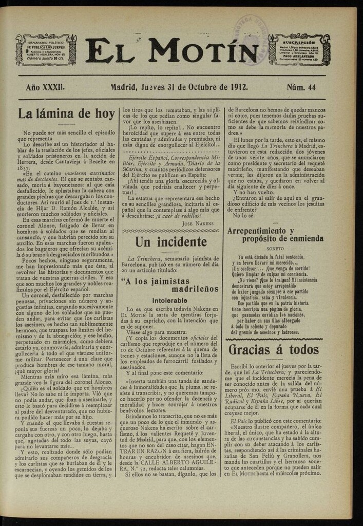Miniatura de El Motín: periódico satírico semanal del 31 de Octubre de 1912