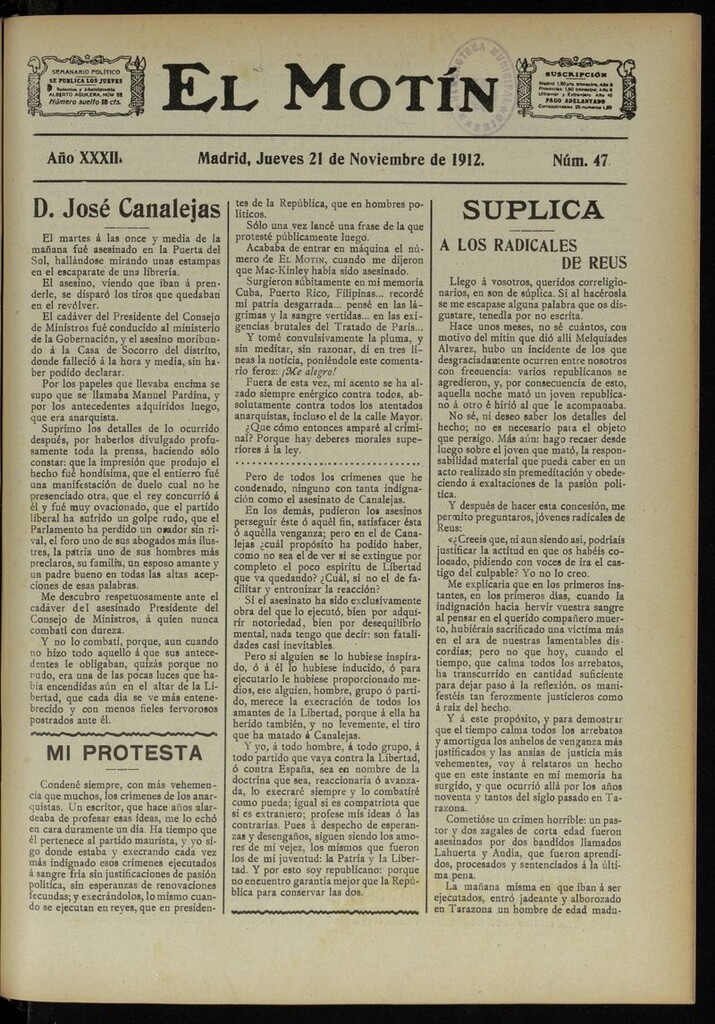 Miniatura de El Motín: periódico satírico semanal del 21 de Noviembre de 1912
