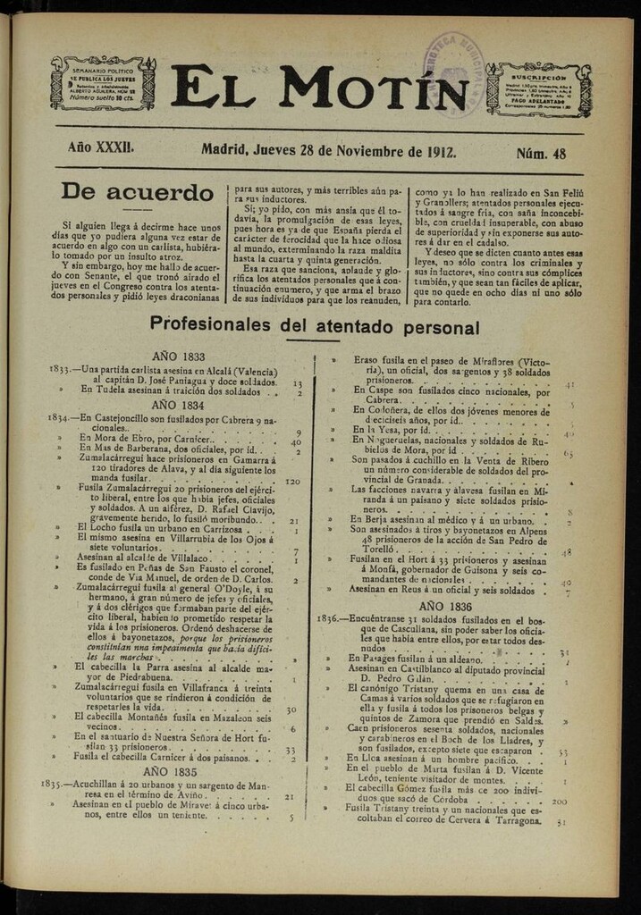 Miniatura de El Motín: periódico satírico semanal del 28 de Noviembre de 1912