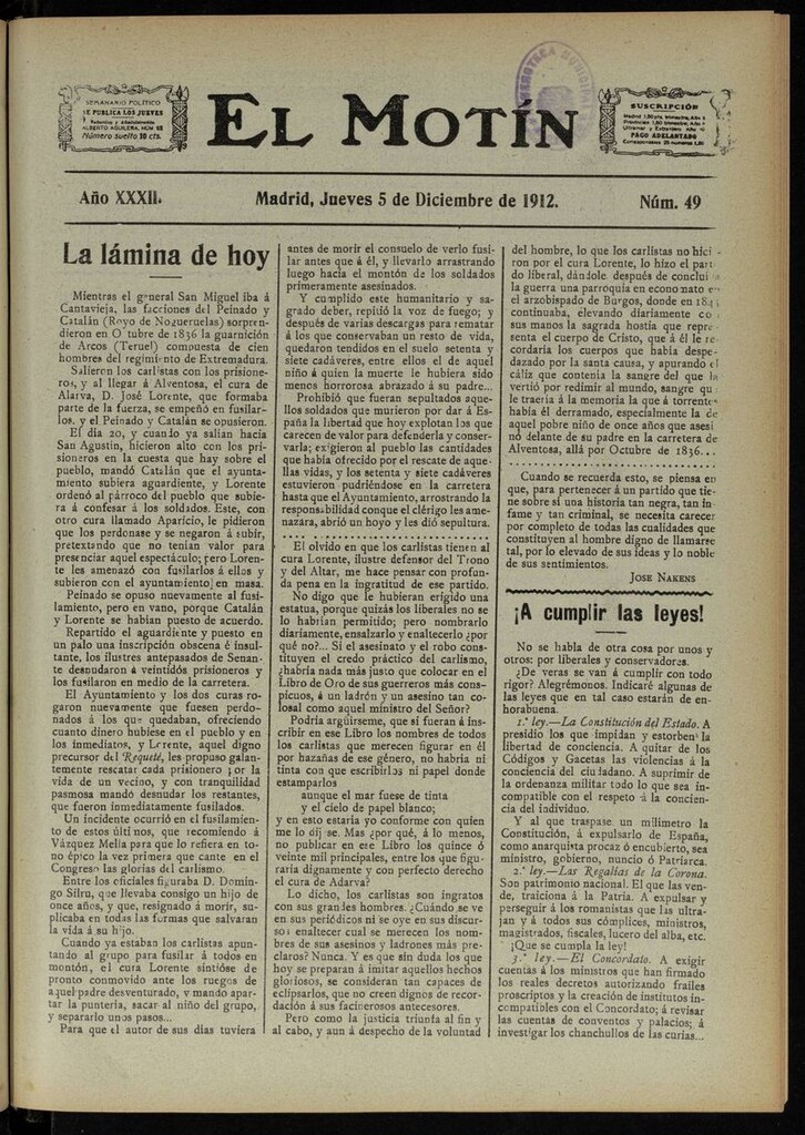 Miniatura de El Motín: periódico satírico semanal del 5 de Diciembre de 1912