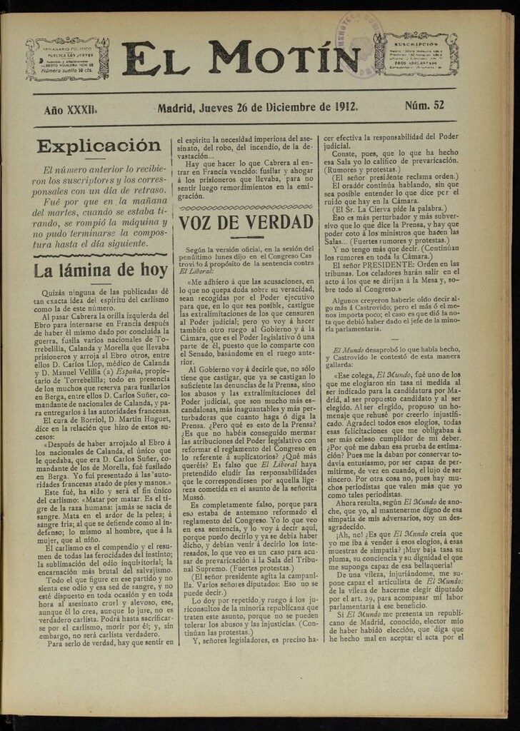 Miniatura de El Motín: periódico satírico semanal del 26 de Diciembre de 1912