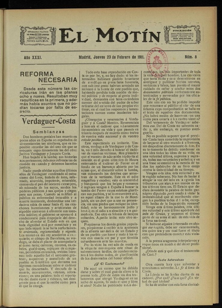 Miniatura de El Motín: periódico satírico semanal del 23 de Febrero de 1911