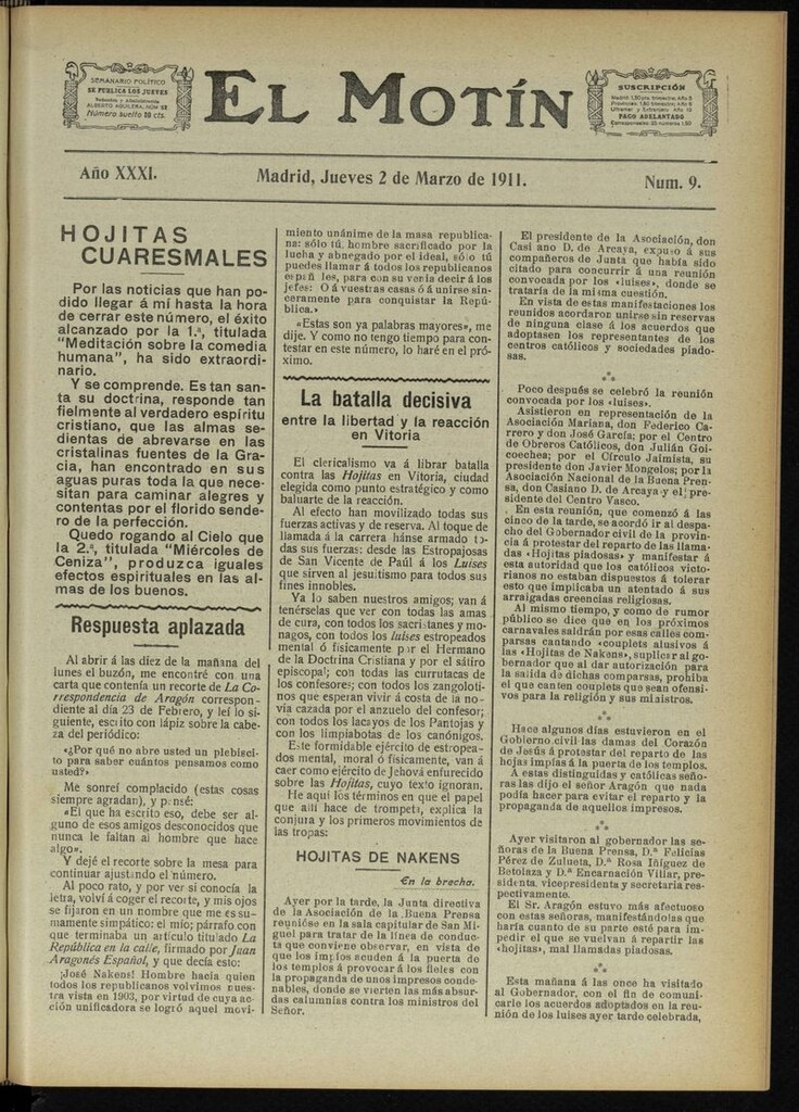 Miniatura de El Motín: periódico satírico semanal del 2 de Marzo de 1911