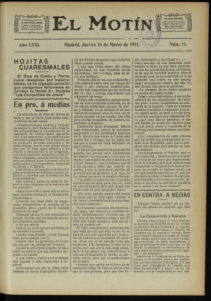 Miniatura de El Motín: periódico satírico semanal del 16 de Marzo de 1911