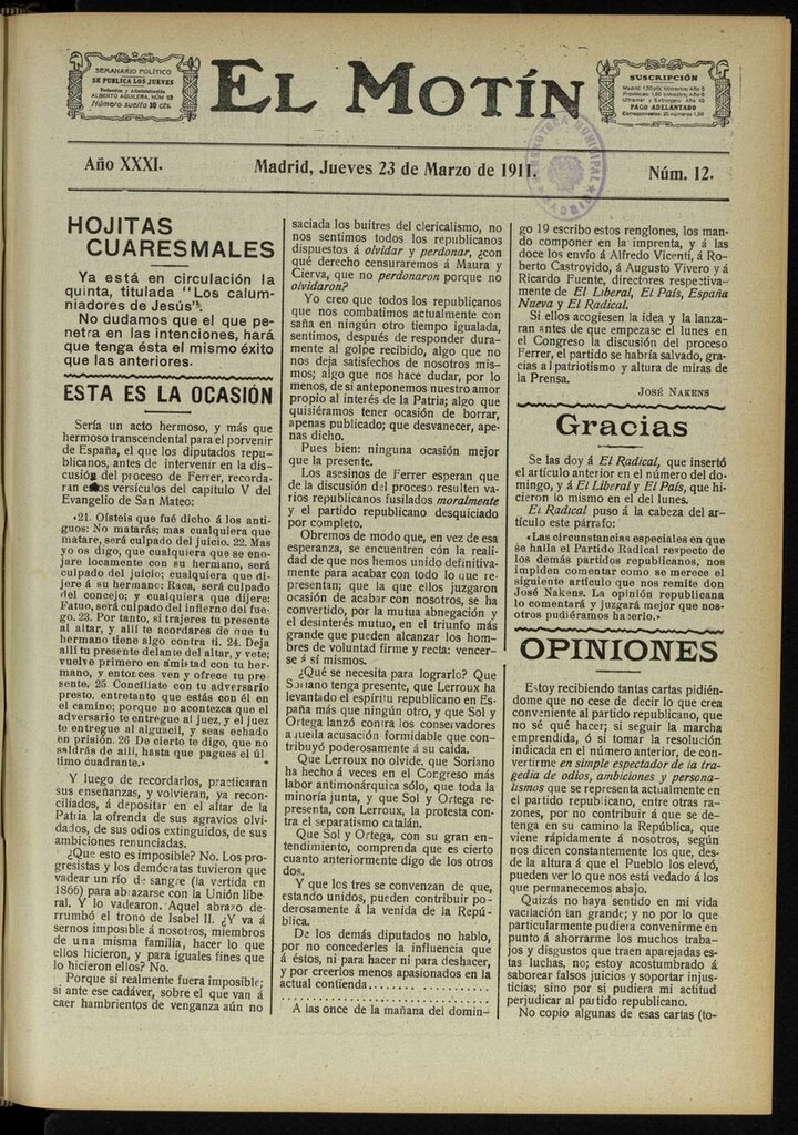 Miniatura de El Motín: periódico satírico semanal del 23 de Marzo de 1911