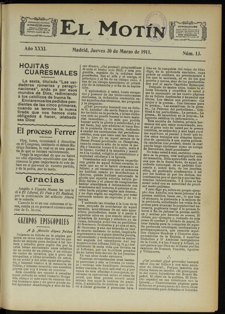 Miniatura de El Motín: periódico satírico semanal del 30 de Marzo de 1911
