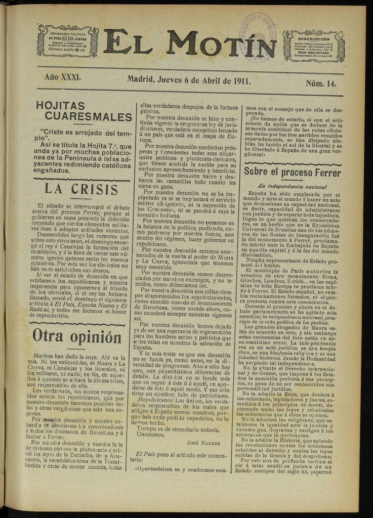 Miniatura de El Motín: periódico satírico semanal del 6 de Abril de 1911