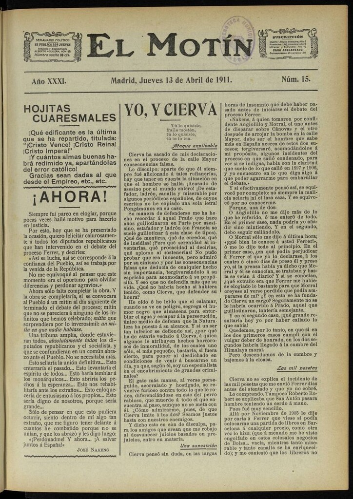 Miniatura de El Motín: periódico satírico semanal del 13 de Abril de 1911