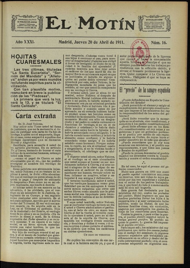 Miniatura de El Motín: periódico satírico semanal del 20 de Abril de 1911
