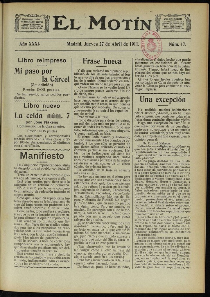 Miniatura de El Motín: periódico satírico semanal del 27 de Abril de 1911