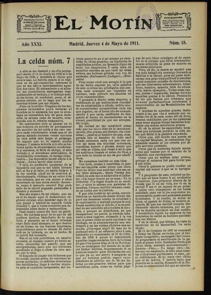 Miniatura de El Motín: periódico satírico semanal del 4 de Mayo de 1911