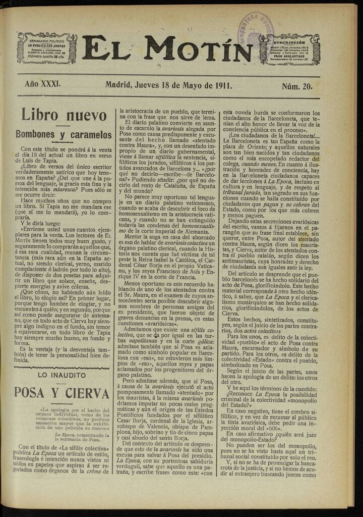 Miniatura de El Motín: periódico satírico semanal del 18 de Mayo de 1911