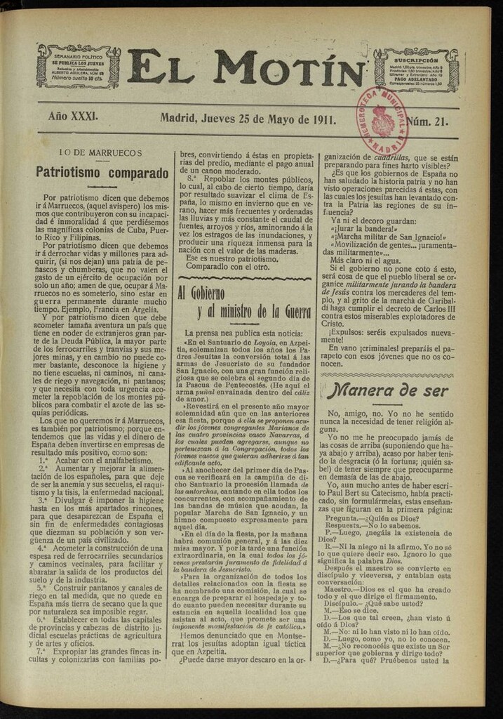 Miniatura de El Motín: periódico satírico semanal del 25 de Mayo de 1911