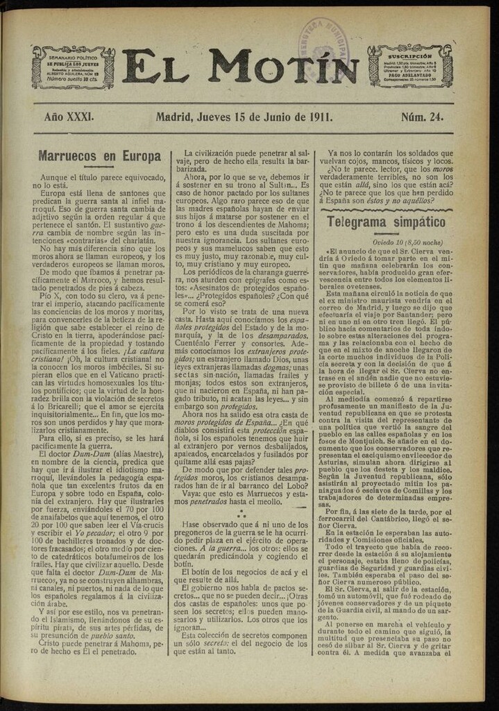 Miniatura de El Motín: periódico satírico semanal del 15 de Junio de 1911