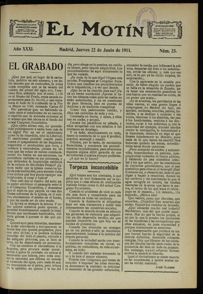 Miniatura de El Motín: periódico satírico semanal del 22 de Junio de 1911