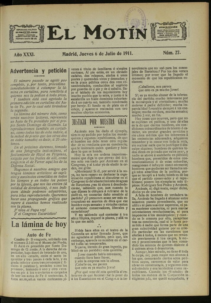 Miniatura de El Motín: periódico satírico semanal del 6 de Julio de 1911