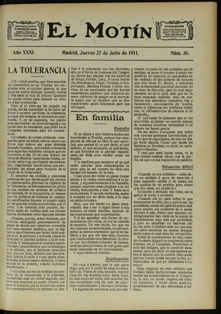 Miniatura de El Motín: periódico satírico semanal del 27 de Julio de 1911