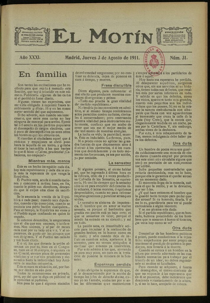 Miniatura de El Motín: periódico satírico semanal del 3 de Agosto de 1911