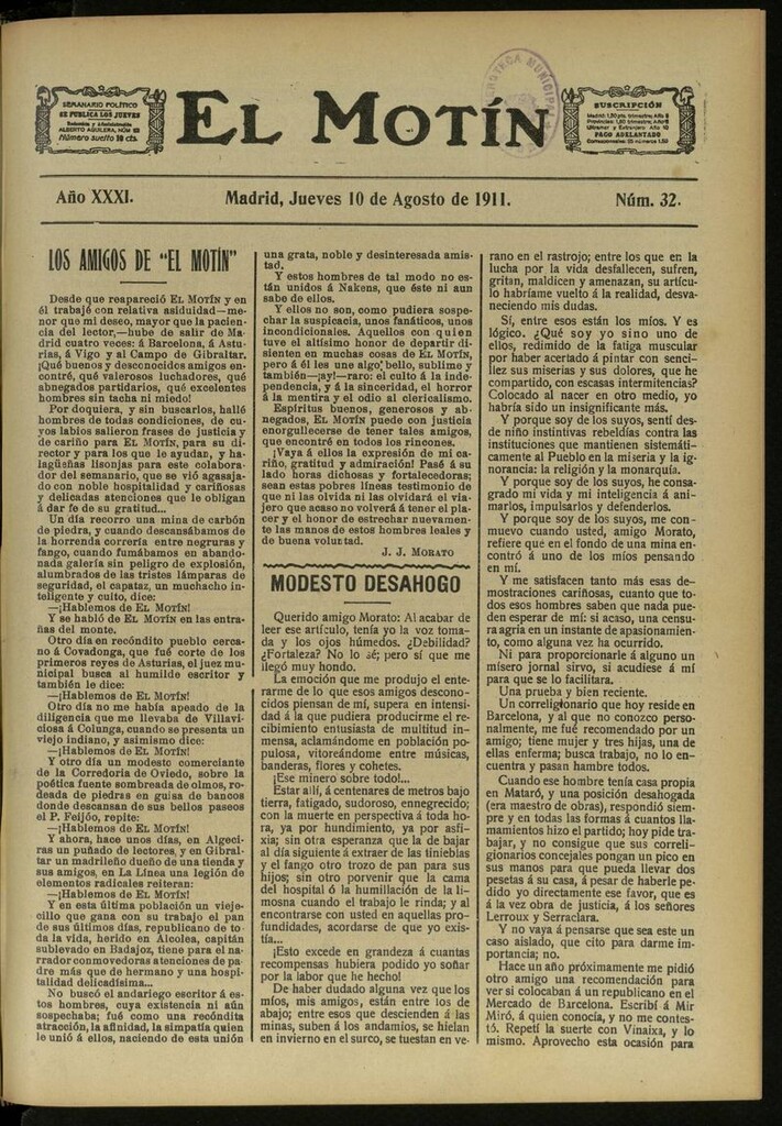 Miniatura de El Motín: periódico satírico semanal del 10 de Agosto de 1911