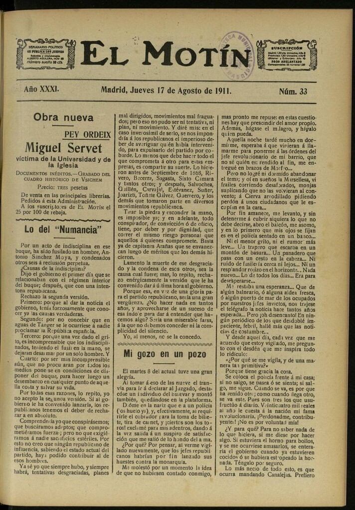 Miniatura de El Motín: periódico satírico semanal del 17 de Agosto de 1911