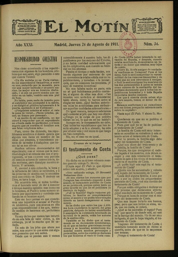 Miniatura de El Motín: periódico satírico semanal del 24 de Agosto de 1911