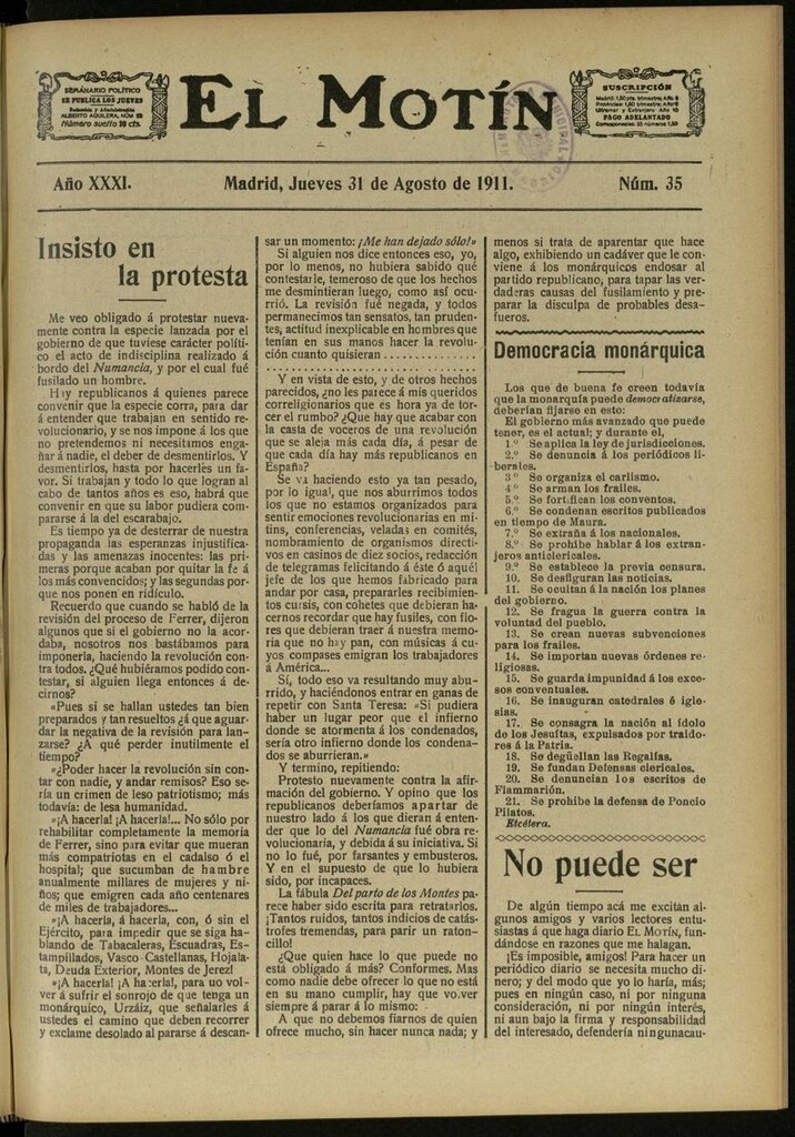 Miniatura de El Motín: periódico satírico semanal del 31 de Agosto de 1911