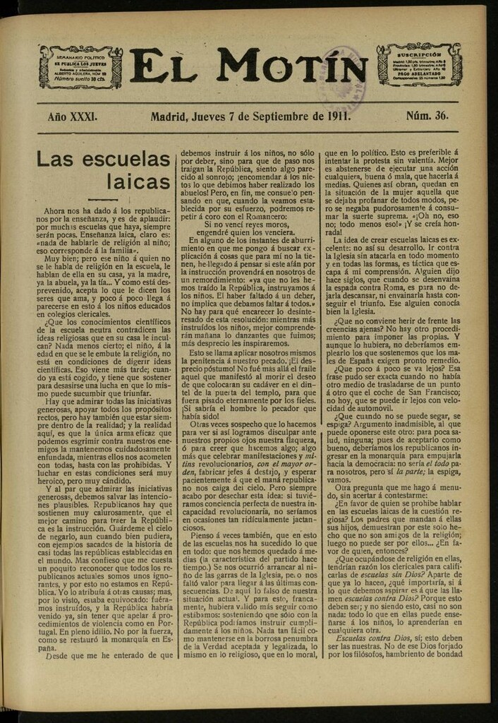 Miniatura de El Motín: periódico satírico semanal del 7 de Septiembre de 1911