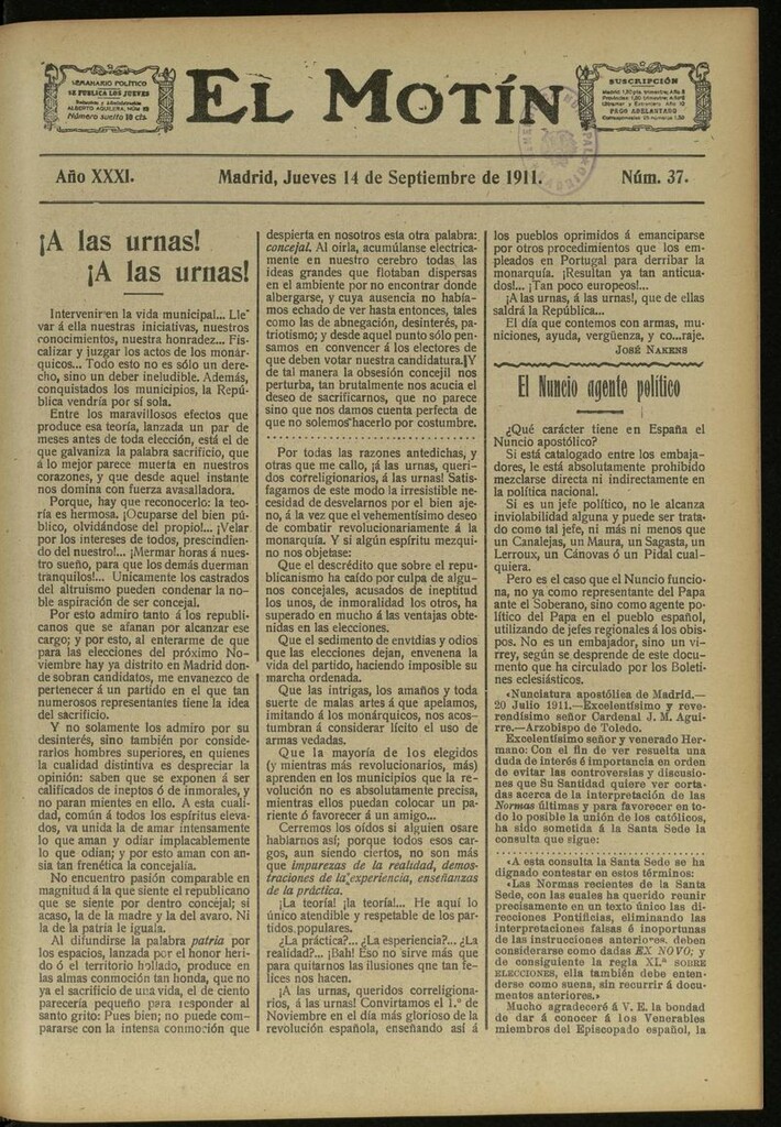 Miniatura de El Motín: periódico satírico semanal del 14 de Septiembre de 1911