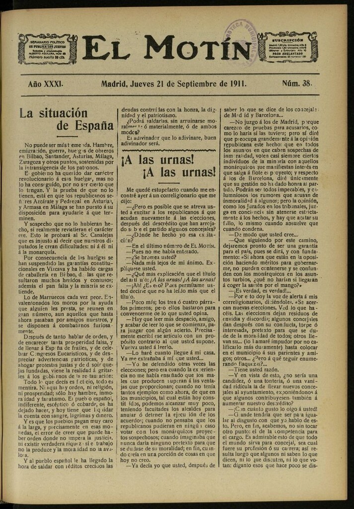 Miniatura de El Motín: periódico satírico semanal del 21 de Septiembre de 1911