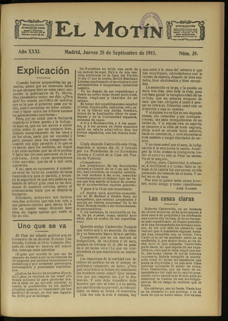 Miniatura de El Motín: periódico satírico semanal del 28 de Septiembre de 1911