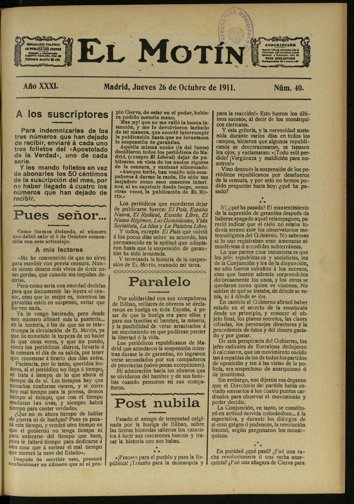 Miniatura de El Motín: periódico satírico semanal del 26 de Octubre de 1911