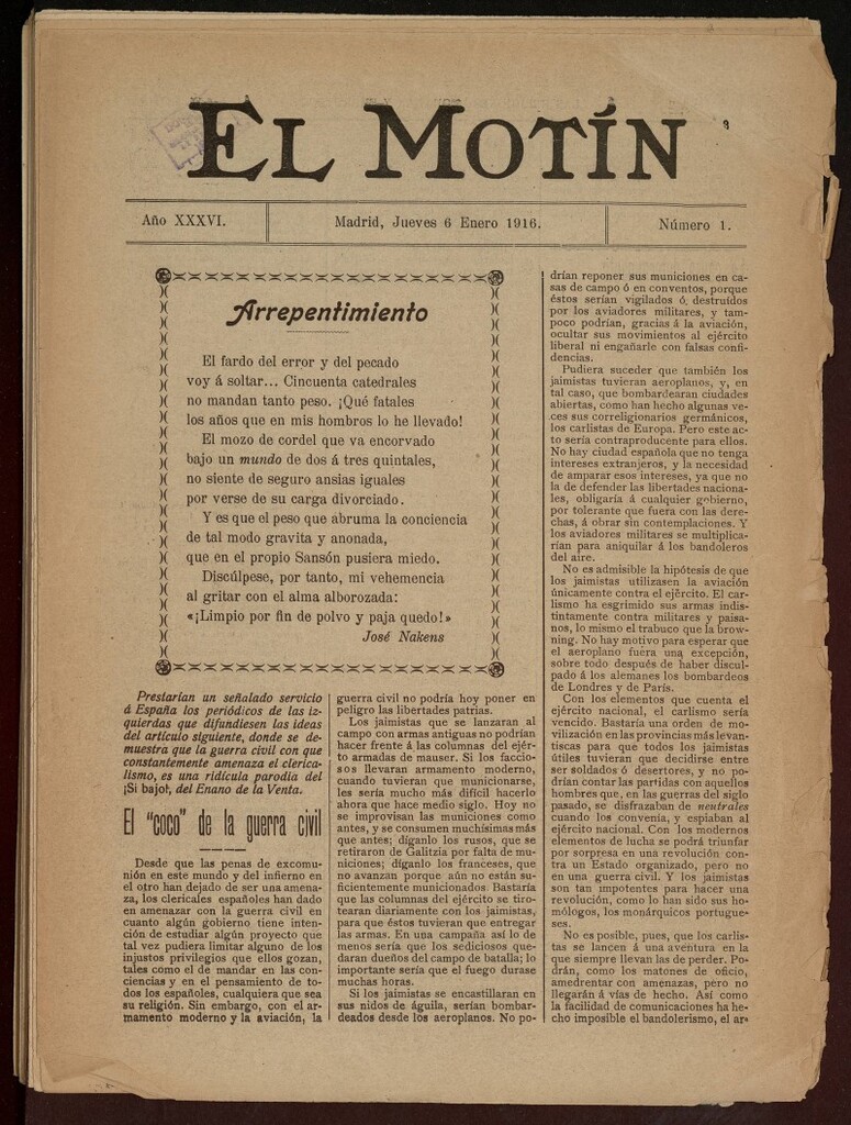 Miniatura de El Motín: periódico satírico semanal del 6 de enero de 1916. Año 36, número 1