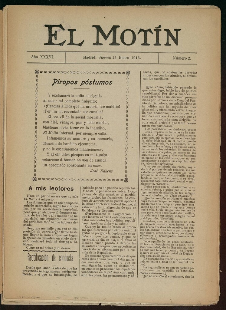 Miniatura de El Motín: periódico satírico semanal del 13 de enero de 1916. Año 36, número 2