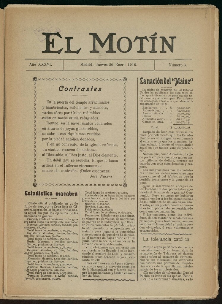 Miniatura de El Motín: periódico satírico semanal del 20 de enero de 1916. Año 36, número 3