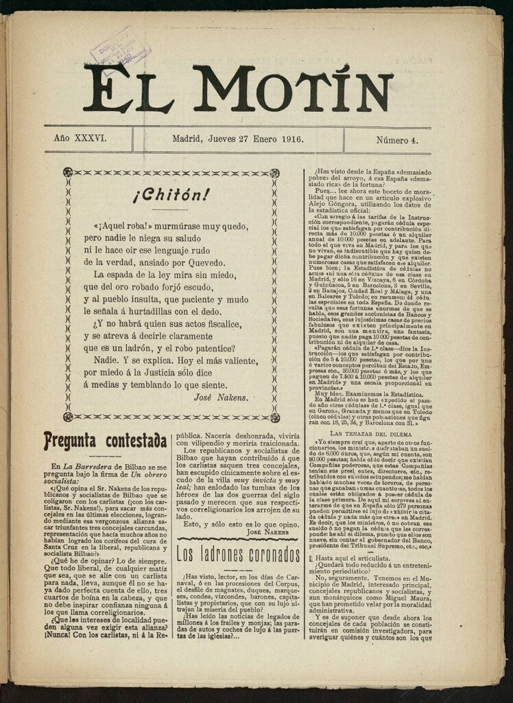 Miniatura de El Motín: periódico satírico semanal del 27 de enero de 1916. Año 36, número 4