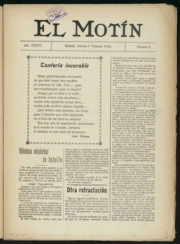 Miniatura de El Motín: periódico satírico semanal del 3 de febrero de 1916. Año 36, número 5