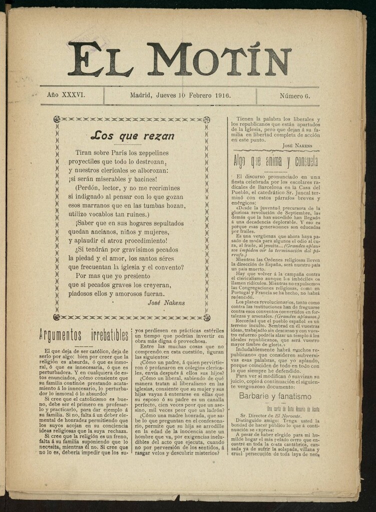 Miniatura de El Motín: periódico satírico semanal del 10 de febrero de 1916. Año 36, número 6