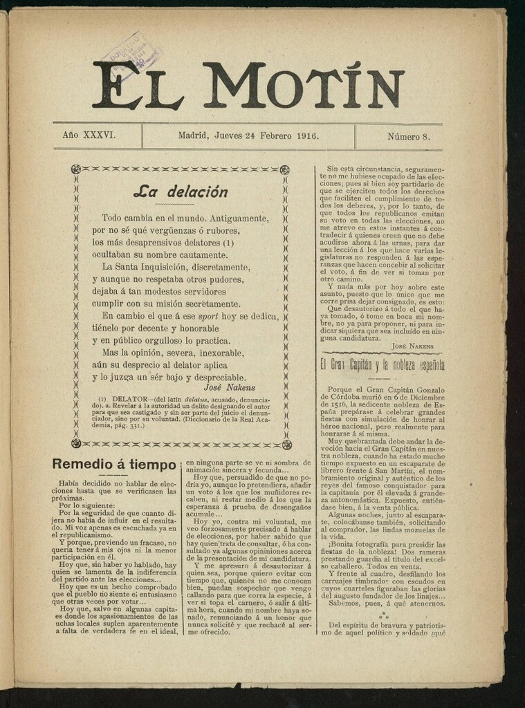 Miniatura de El Motín: periódico satírico semanal del 24 de febrero de 1916. Año 36, número 8