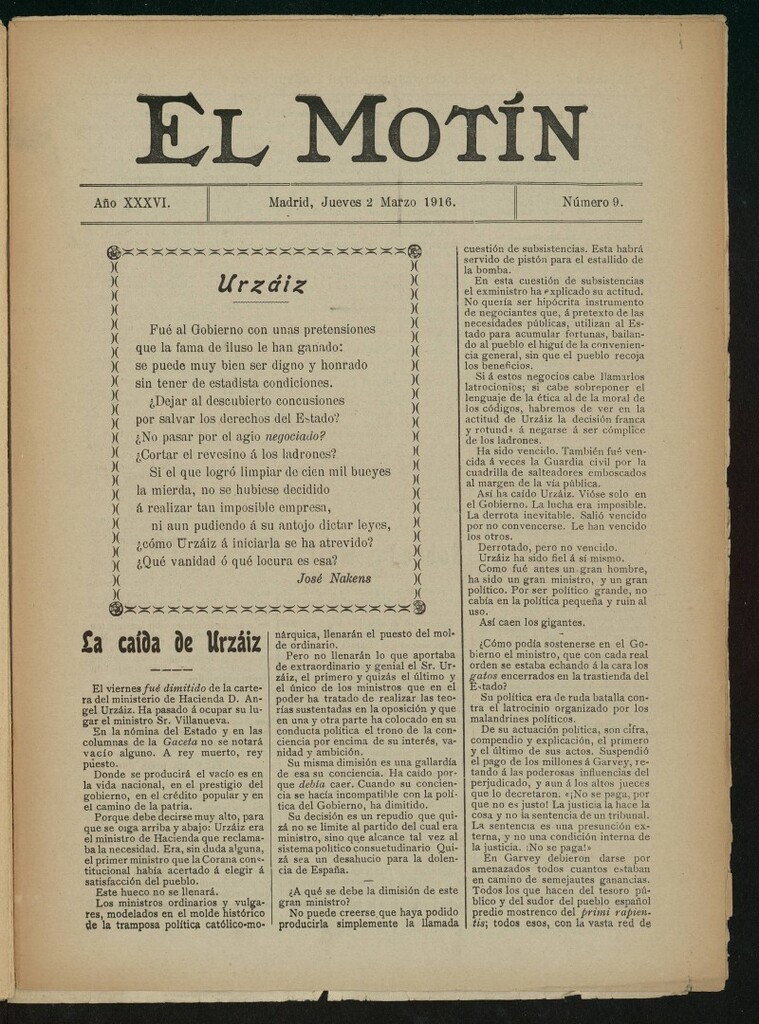 Miniatura de El Motín: periódico satírico semanal del 2 de marzo de 1916. Año 36, número 9