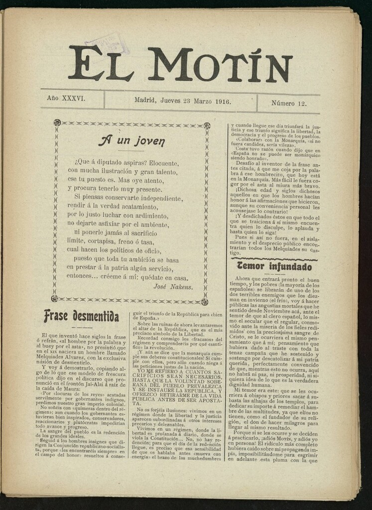 Miniatura de El Motín: periódico satírico semanal del 23 de marzo de 1916. Año 36, número 12