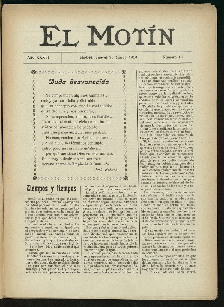 Miniatura de El Motín: periódico satírico semana del 30 de marzo de 1916. Año 36, número 13